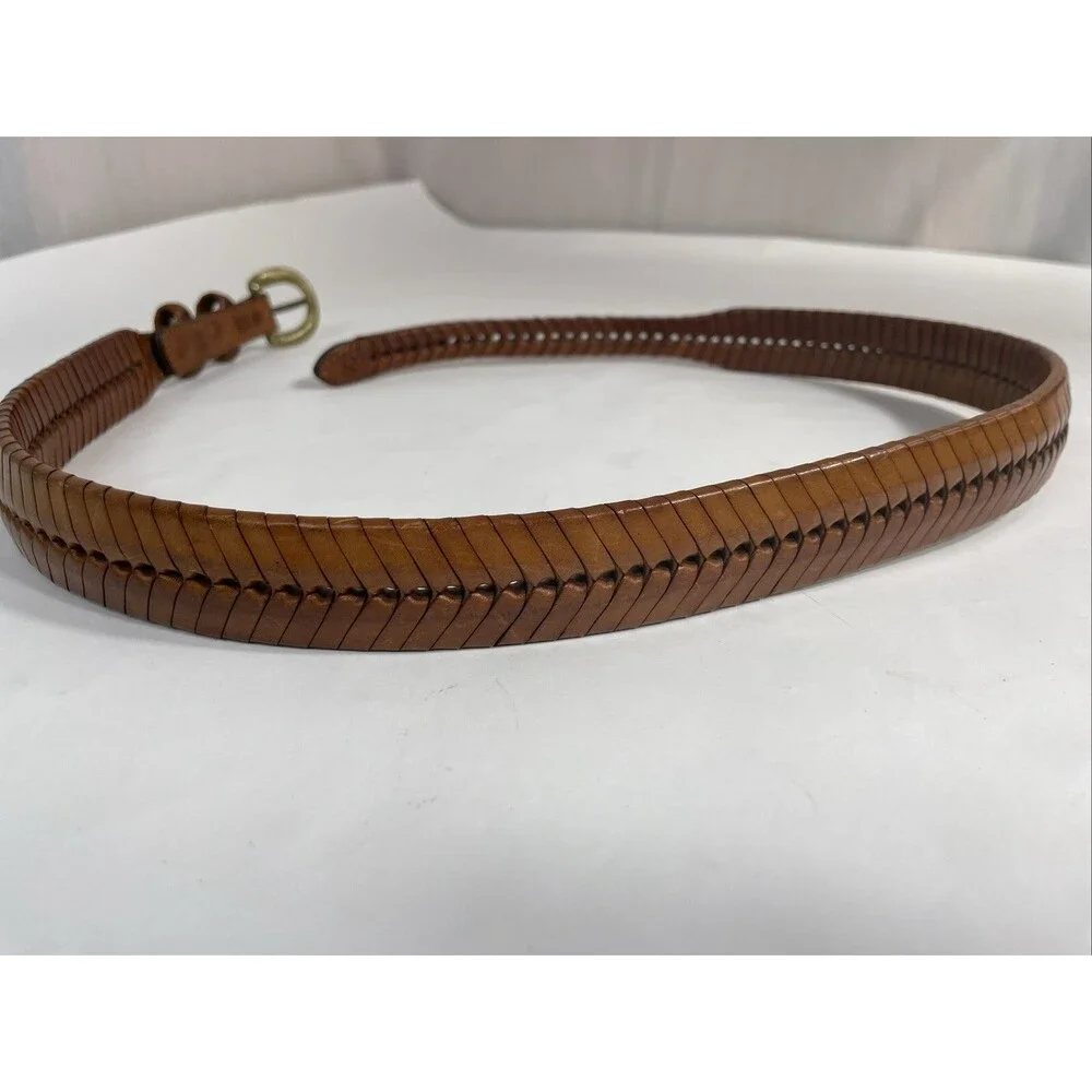 Tan Brown Braided Leather Belt Brass Buckle Women's Size 34 65106